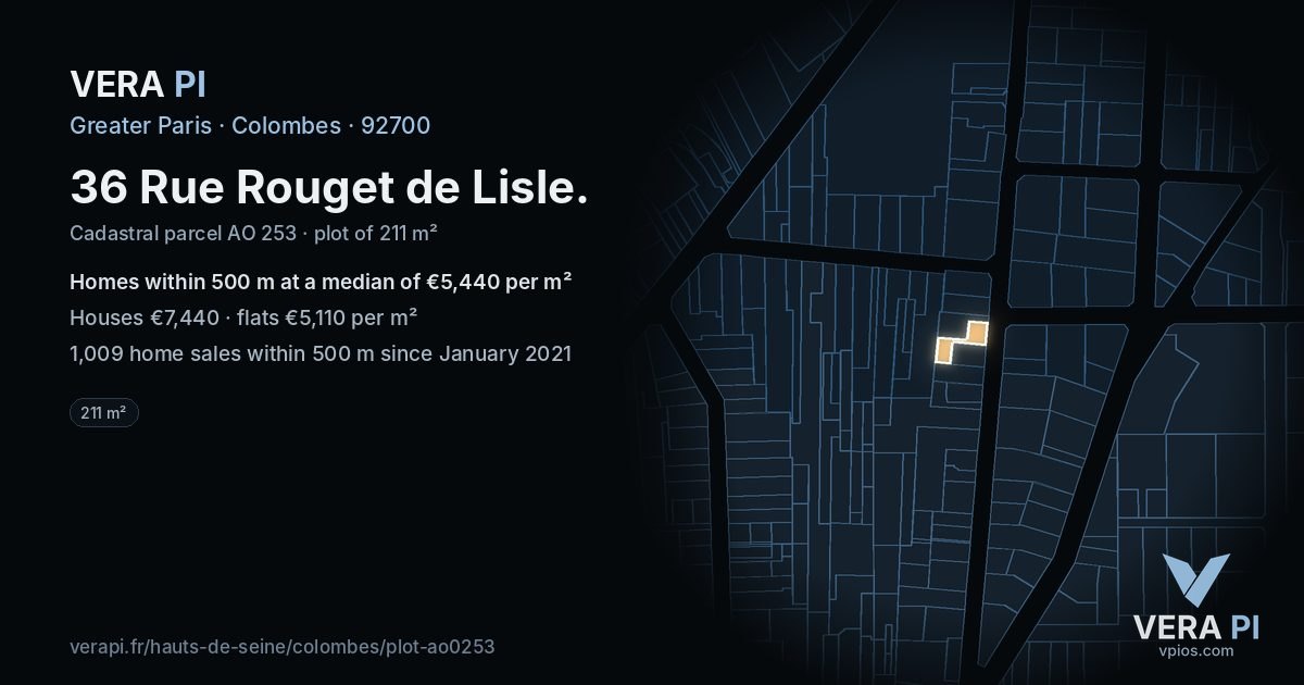 36 Rue Rouget de Lisle, Colombes at night – the plot lit, the parcels around coloured by the prices near them