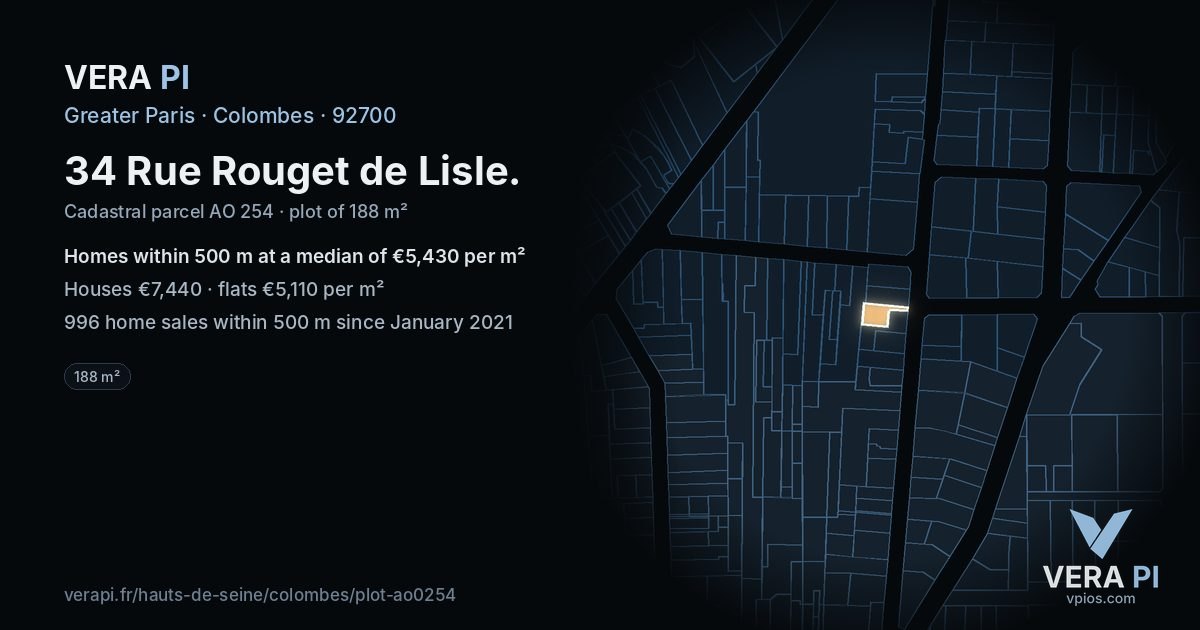 34 Rue Rouget de Lisle, Colombes at night – the plot lit, the parcels around coloured by the prices near them