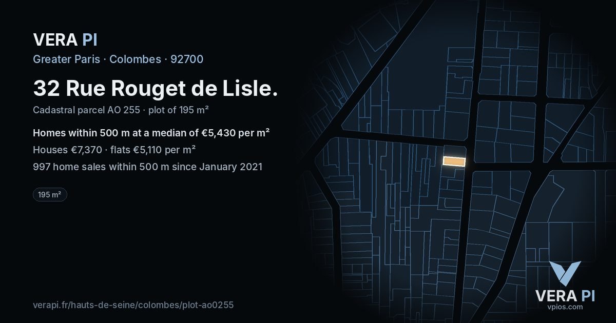32 Rue Rouget de Lisle, Colombes at night – the plot lit, the parcels around coloured by the prices near them