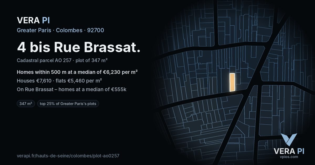 4 bis Rue Brassat, Colombes at night – the plot lit, the parcels around coloured by the prices near them