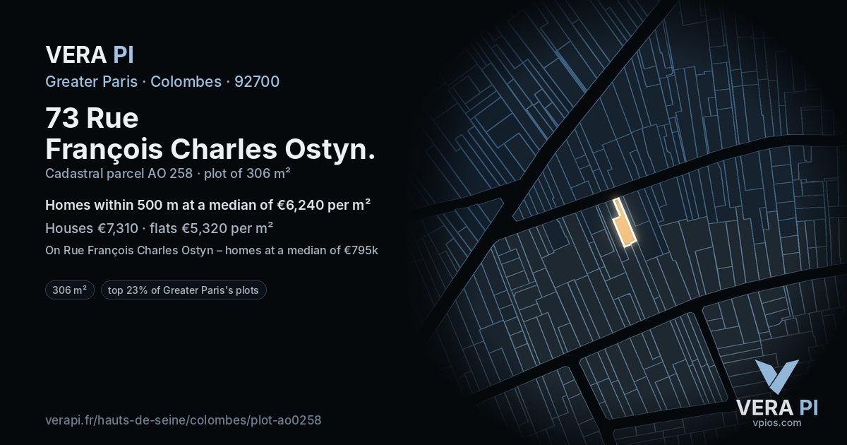 73 Rue François Charles Ostyn, Colombes at night – the plot lit, the parcels around coloured by the prices near them