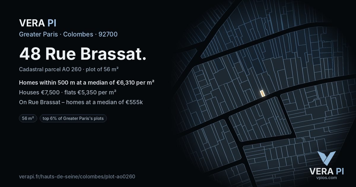 48 Rue Brassat, Colombes at night – the plot lit, the parcels around coloured by the prices near them