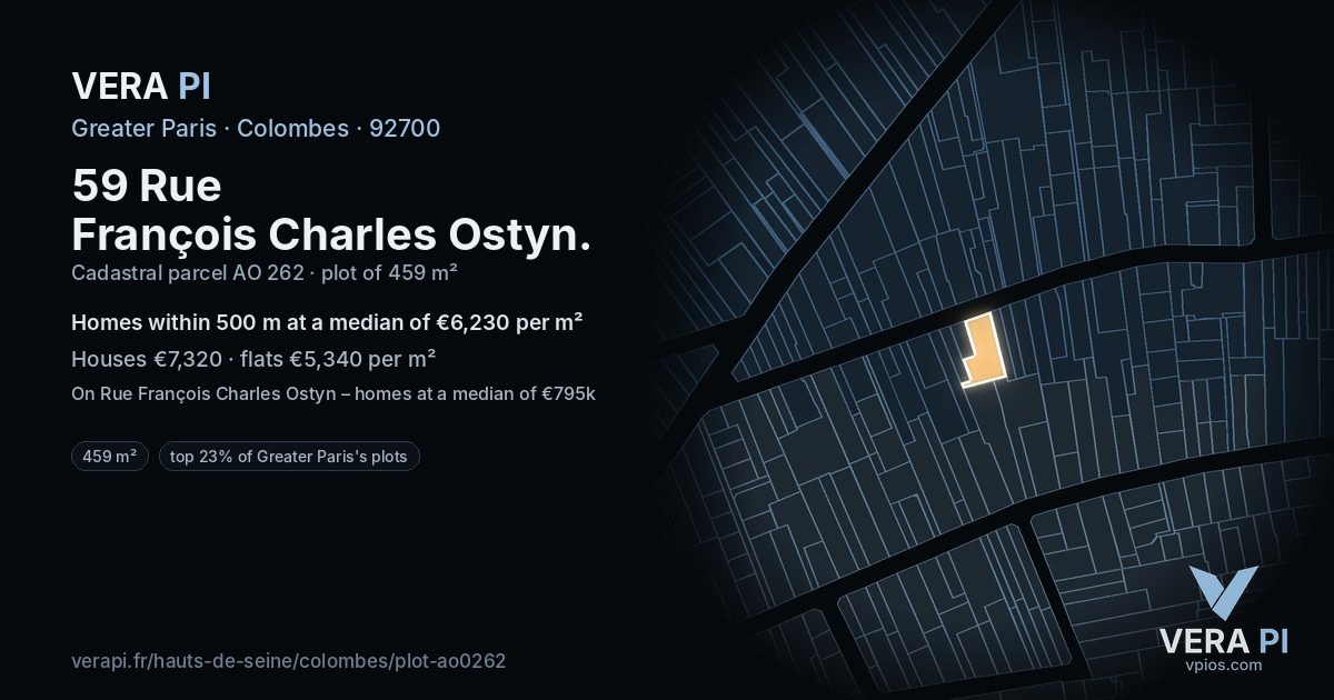 59 Rue François Charles Ostyn, Colombes at night – the plot lit, the parcels around coloured by the prices near them