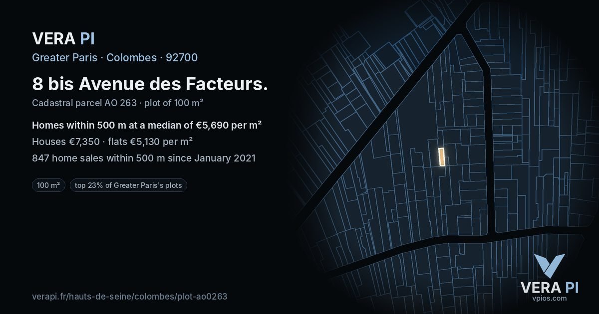 8 bis Avenue des Facteurs, Colombes at night – the plot lit, the parcels around coloured by the prices near them