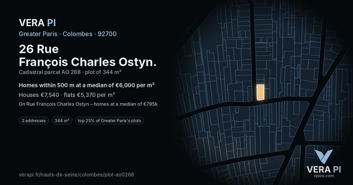 26 Rue François Charles Ostyn, Colombes at night – the plot lit, the parcels around coloured by the prices near them
