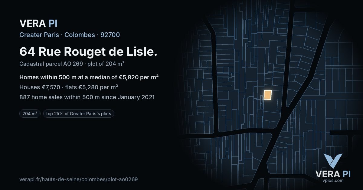 64 Rue Rouget de Lisle, Colombes at night – the plot lit, the parcels around coloured by the prices near them