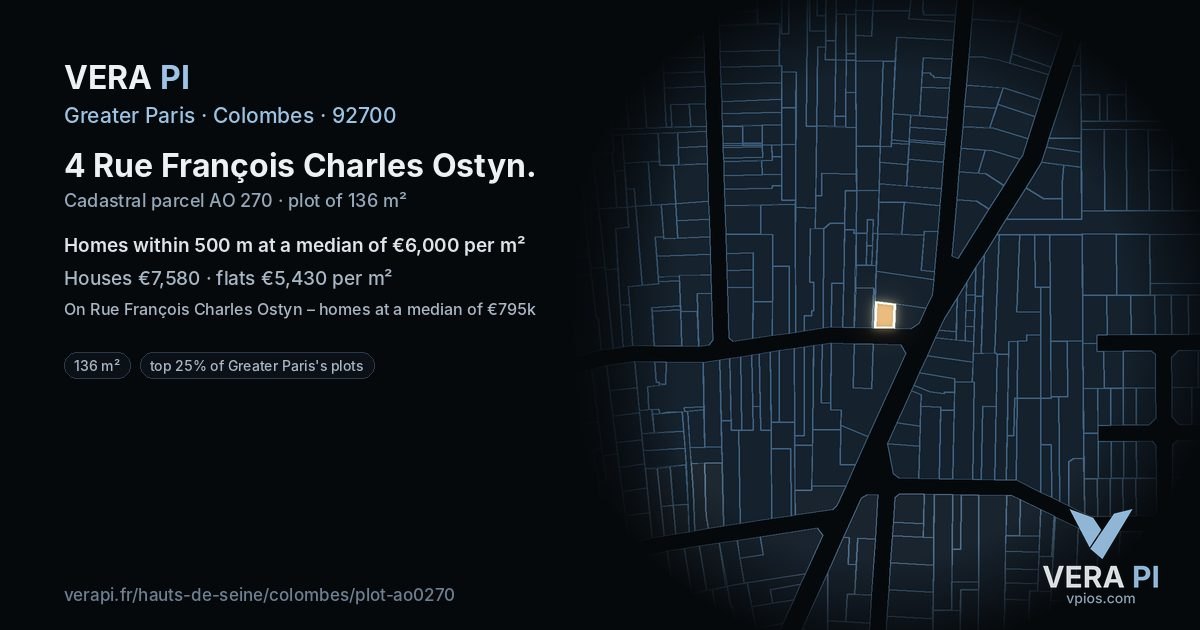 4 Rue François Charles Ostyn, Colombes at night – the plot lit, the parcels around coloured by the prices near them