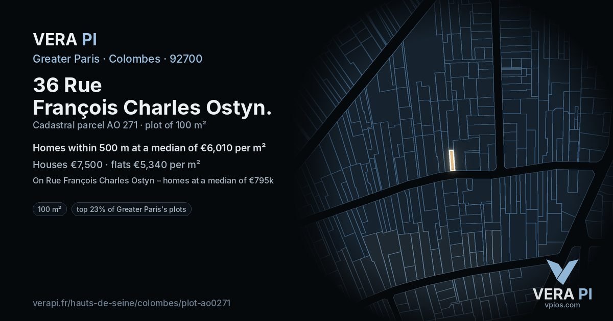 36 Rue François Charles Ostyn, Colombes at night – the plot lit, the parcels around coloured by the prices near them