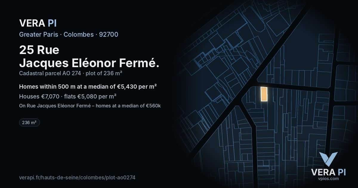 25 Rue Jacques Eléonor Fermé, Colombes at night – the plot lit, the parcels around coloured by the prices near them