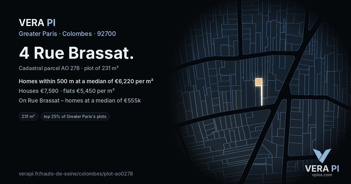 4 Rue Brassat, Colombes at night – the plot lit, the parcels around coloured by the prices near them