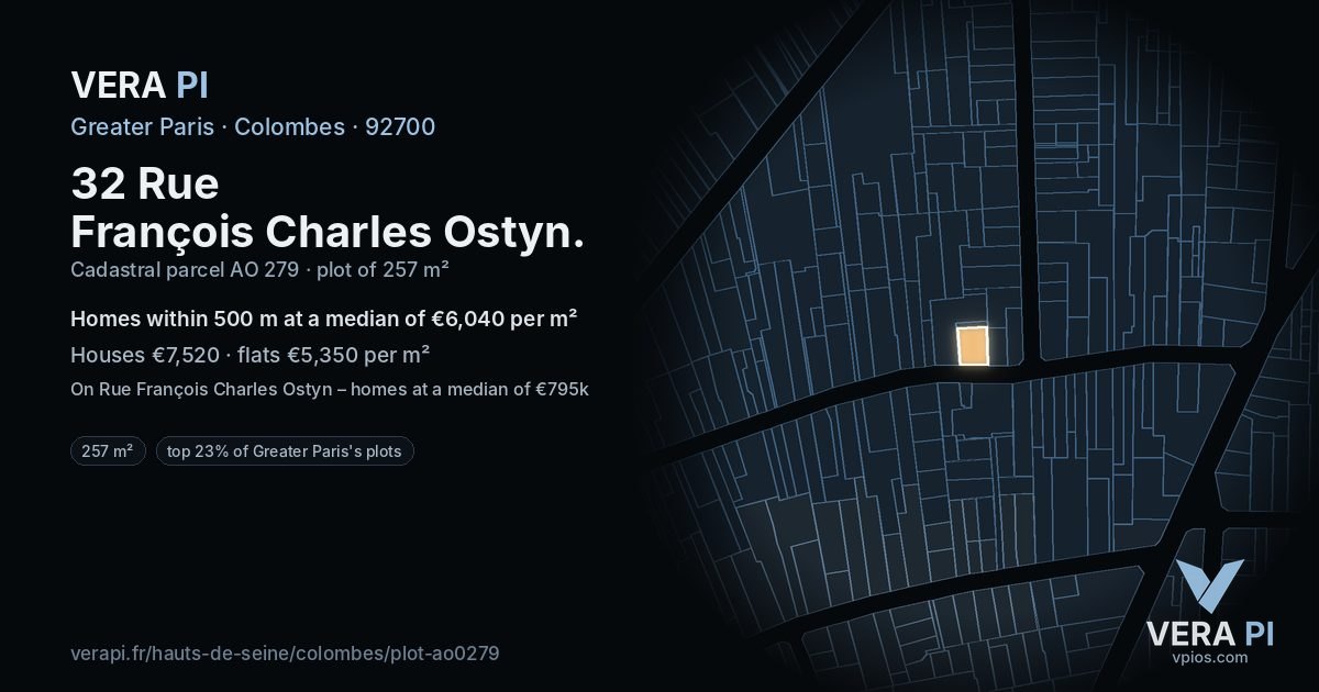 32 Rue François Charles Ostyn, Colombes at night – the plot lit, the parcels around coloured by the prices near them