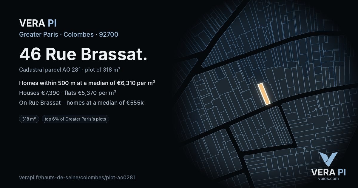 46 Rue Brassat, Colombes at night – the plot lit, the parcels around coloured by the prices near them