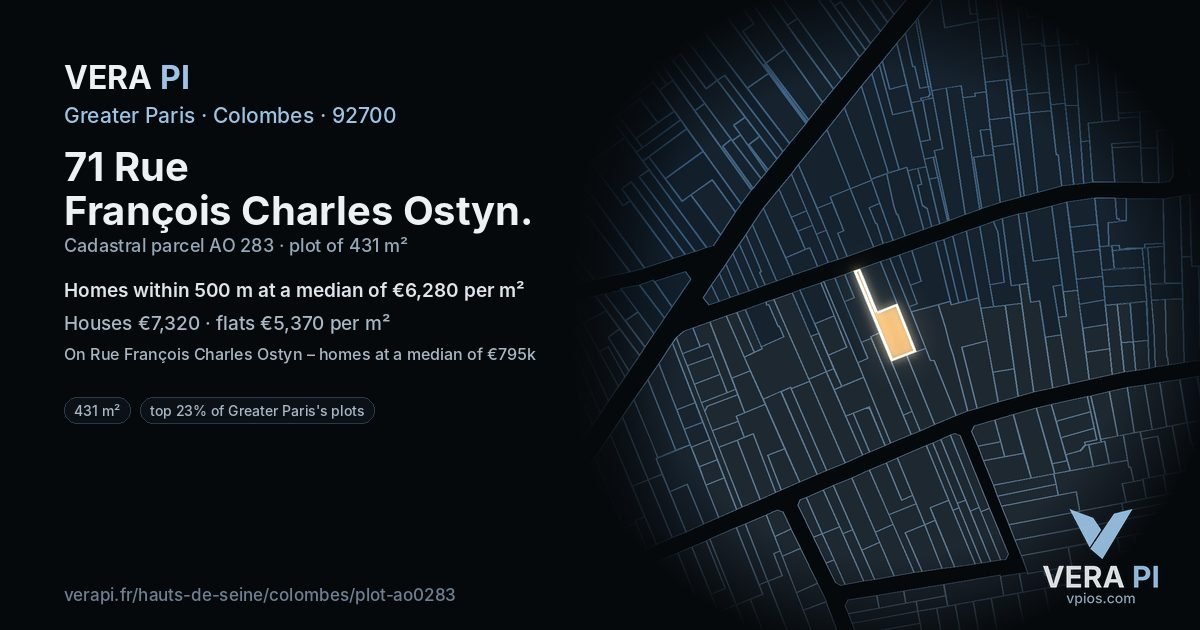 71 Rue François Charles Ostyn, Colombes at night – the plot lit, the parcels around coloured by the prices near them