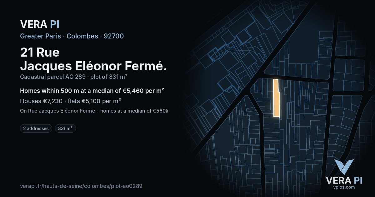 21 Rue Jacques Eléonor Fermé, Colombes at night – the plot lit, the parcels around coloured by the prices near them