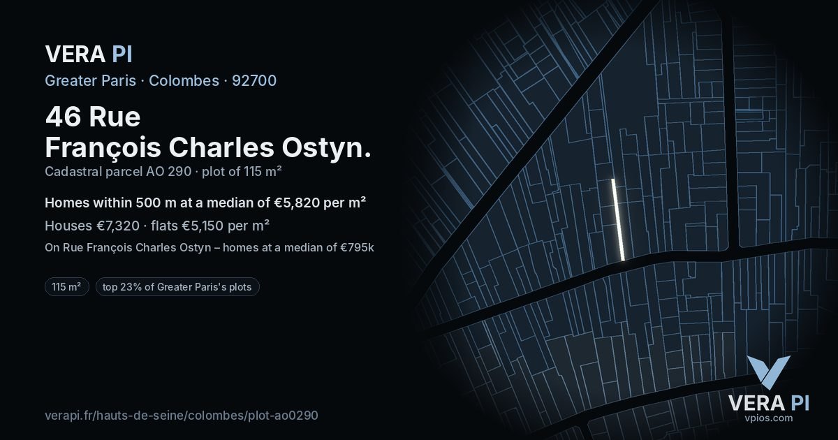 46 Rue François Charles Ostyn, Colombes at night – the plot lit, the parcels around coloured by the prices near them
