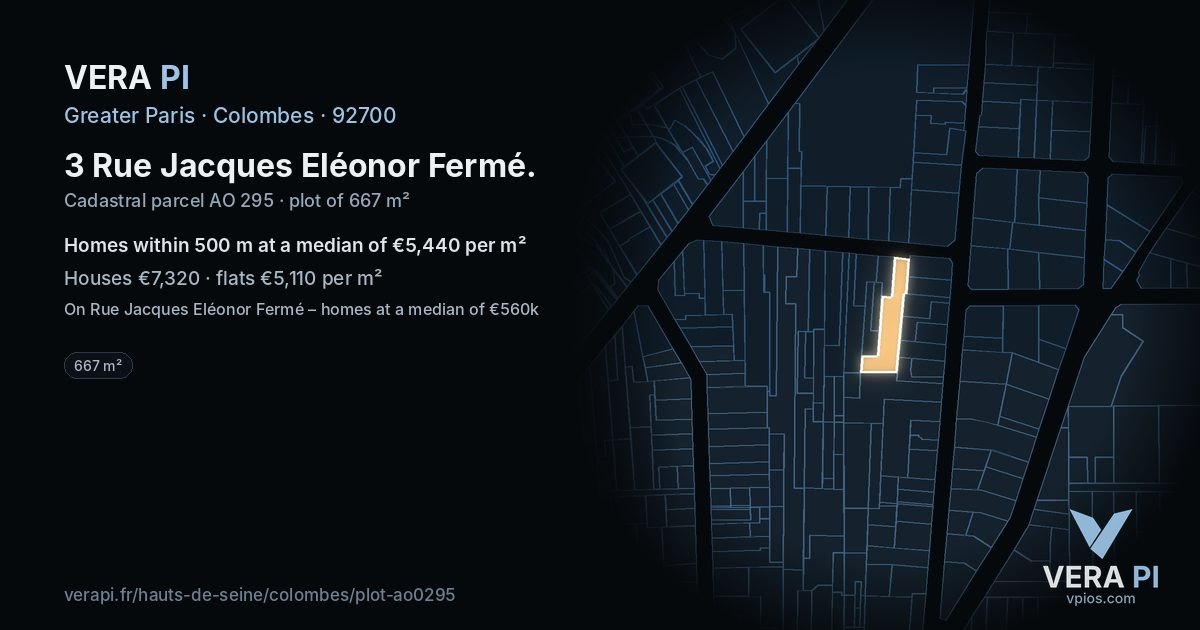 3 Rue Jacques Eléonor Fermé, Colombes at night – the plot lit, the parcels around coloured by the prices near them