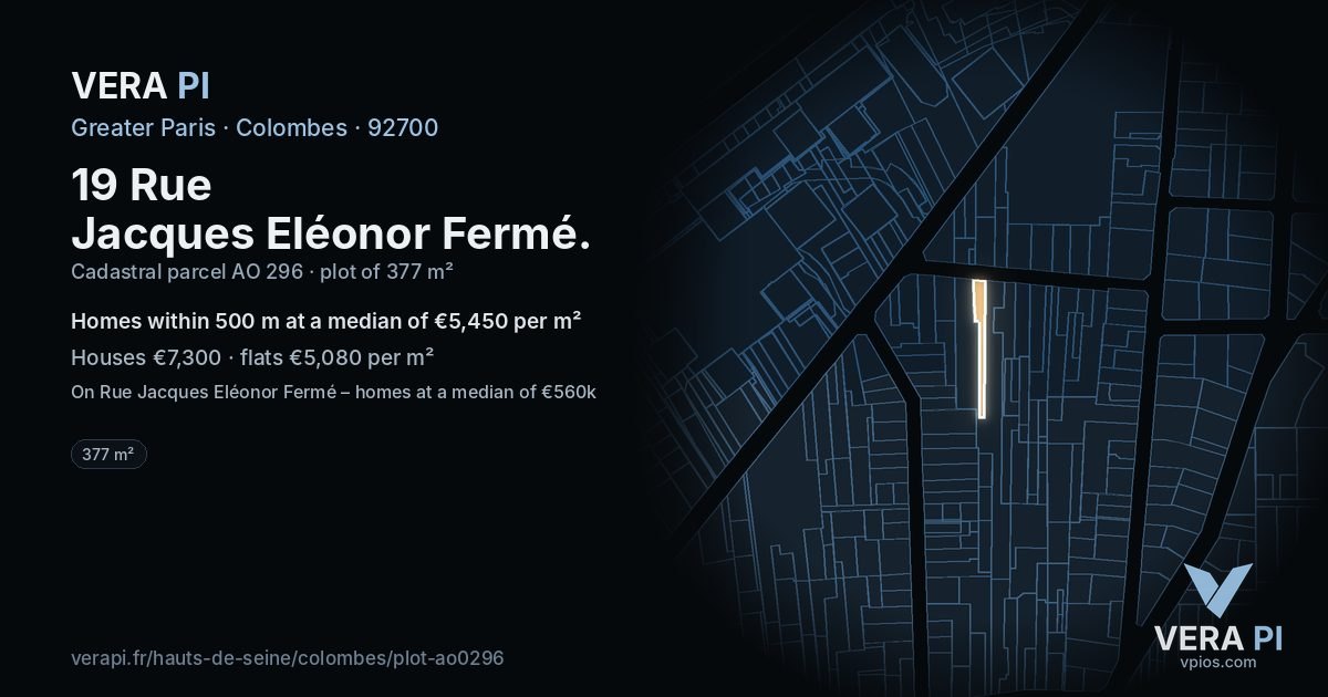 19 Rue Jacques Eléonor Fermé, Colombes at night – the plot lit, the parcels around coloured by the prices near them