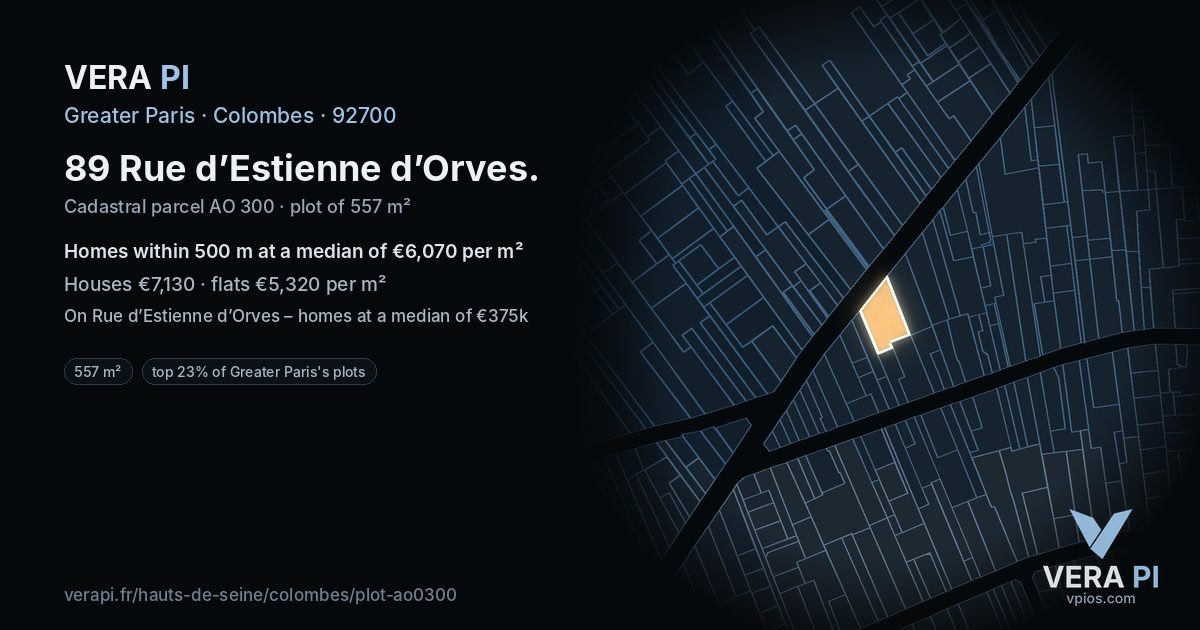 89 Rue d’Estienne d’Orves, Colombes at night – the plot lit, the parcels around coloured by the prices near them