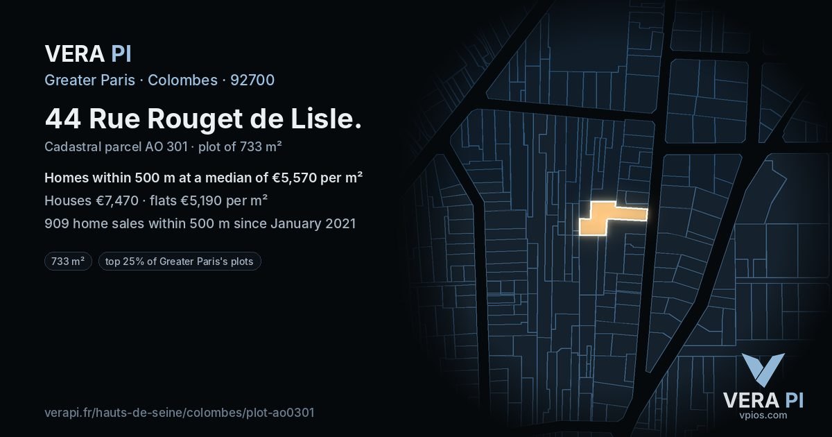 44 Rue Rouget de Lisle, Colombes at night – the plot lit, the parcels around coloured by the prices near them