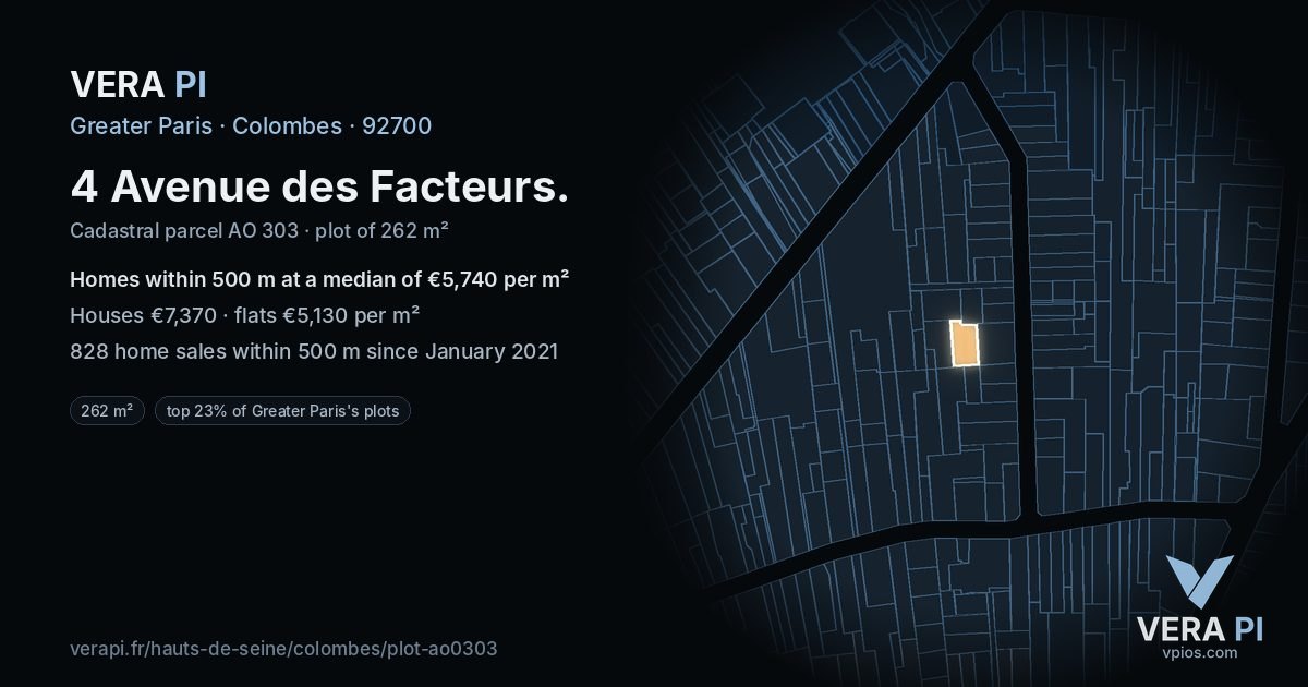 4 Avenue des Facteurs, Colombes at night – the plot lit, the parcels around coloured by the prices near them