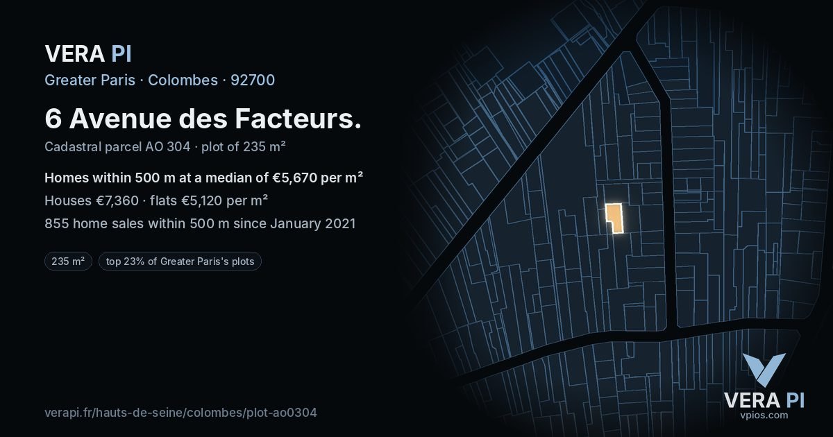 6 Avenue des Facteurs, Colombes at night – the plot lit, the parcels around coloured by the prices near them