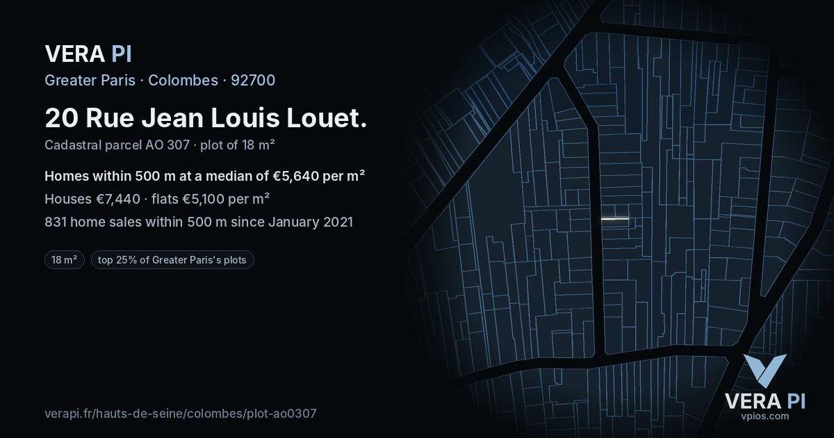 20 Rue Jean Louis Louet, Colombes at night – the plot lit, the parcels around coloured by the prices near them