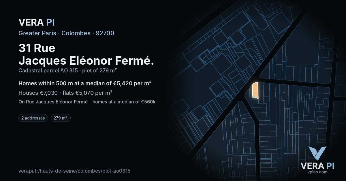31 Rue Jacques Eléonor Fermé, Colombes at night – the plot lit, the parcels around coloured by the prices near them