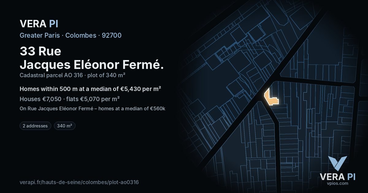 33 Rue Jacques Eléonor Fermé, Colombes at night – the plot lit, the parcels around coloured by the prices near them