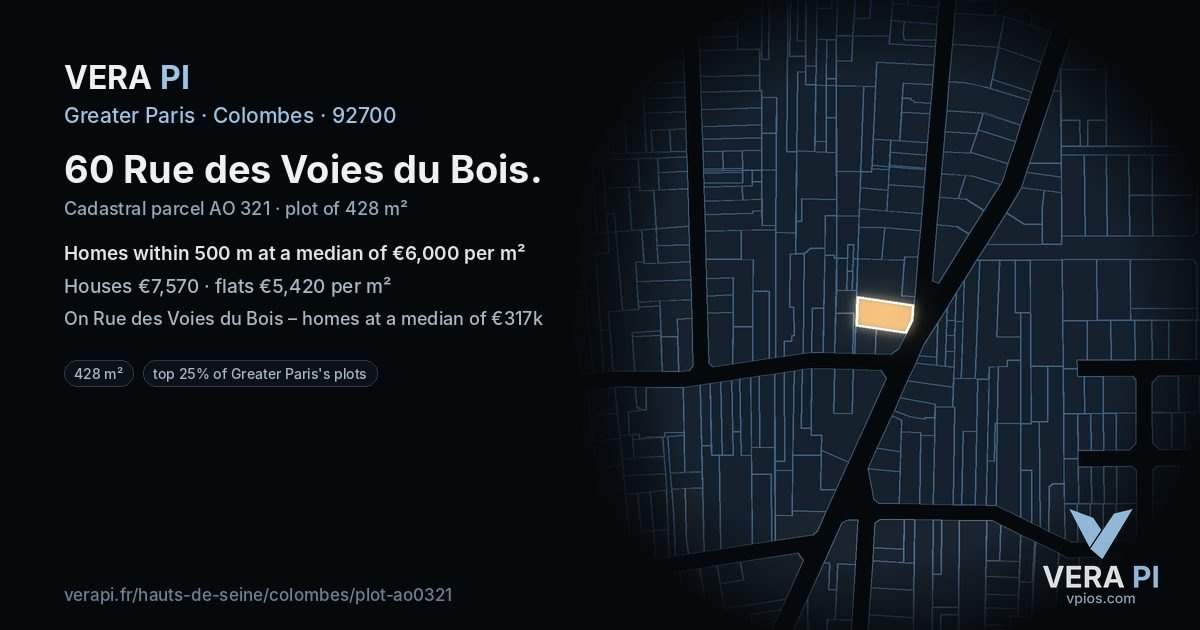 60 Rue des Voies du Bois, Colombes at night – the plot lit, the parcels around coloured by the prices near them