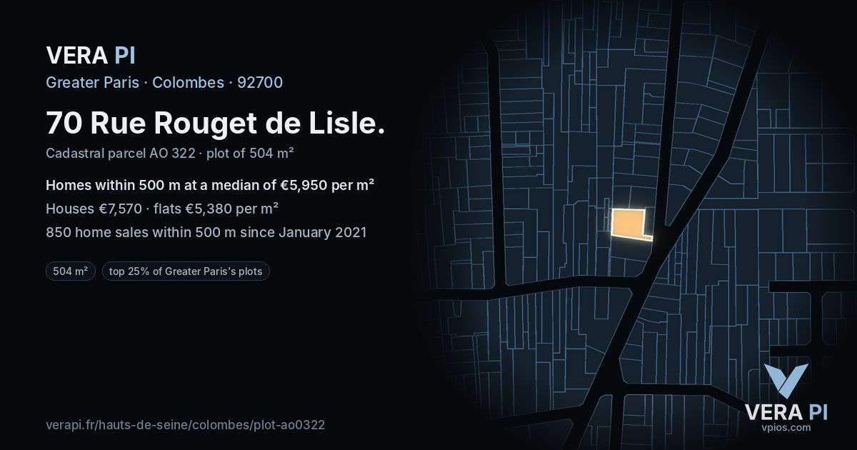 70 Rue Rouget de Lisle, Colombes at night – the plot lit, the parcels around coloured by the prices near them