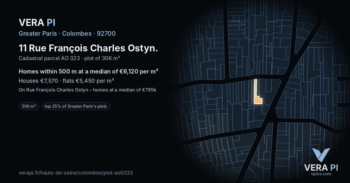 11 Rue François Charles Ostyn, Colombes at night – the plot lit, the parcels around coloured by the prices near them