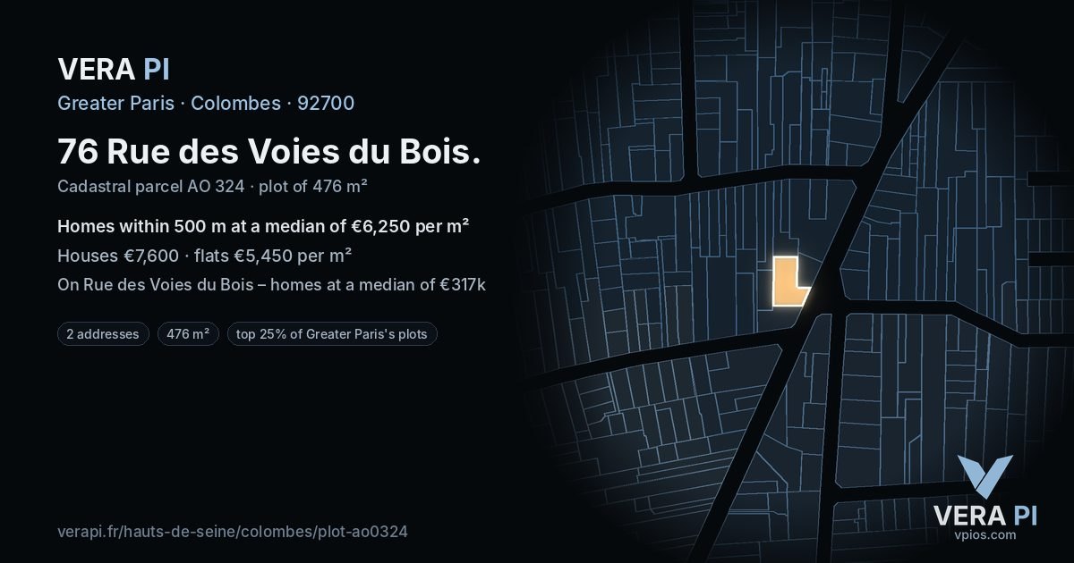 76 Rue des Voies du Bois, Colombes at night – the plot lit, the parcels around coloured by the prices near them