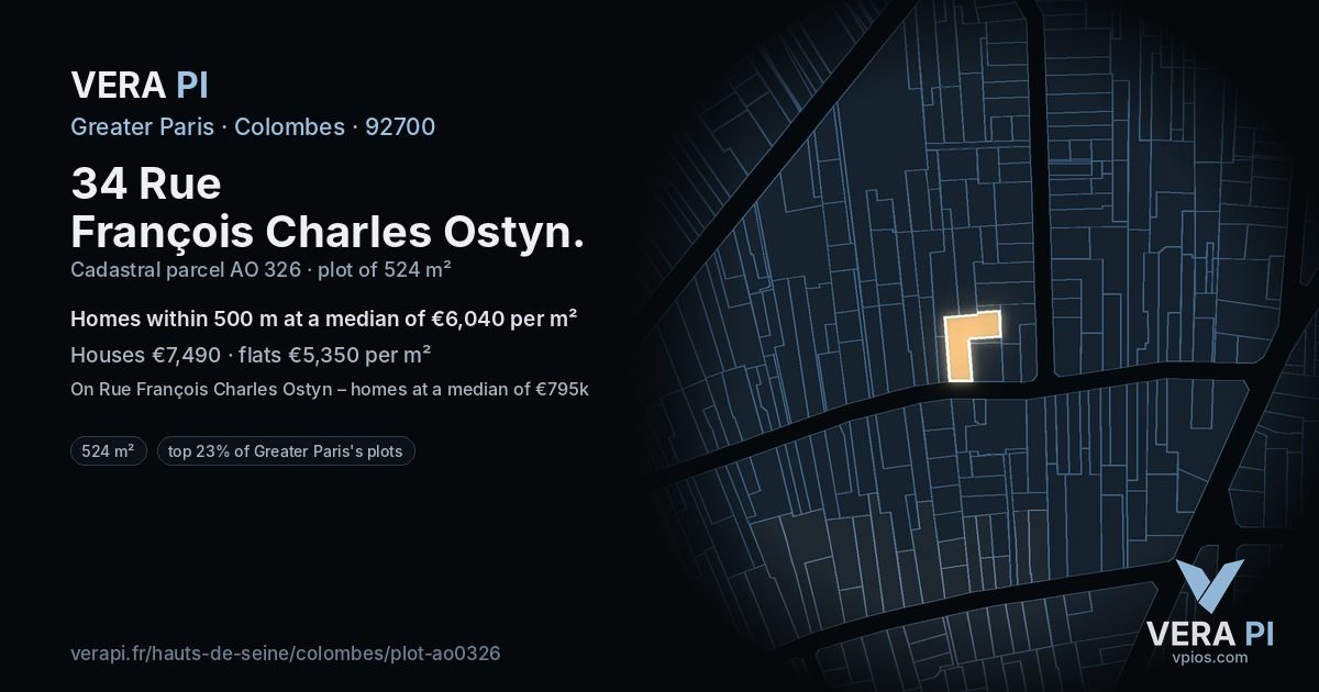 34 Rue François Charles Ostyn, Colombes at night – the plot lit, the parcels around coloured by the prices near them
