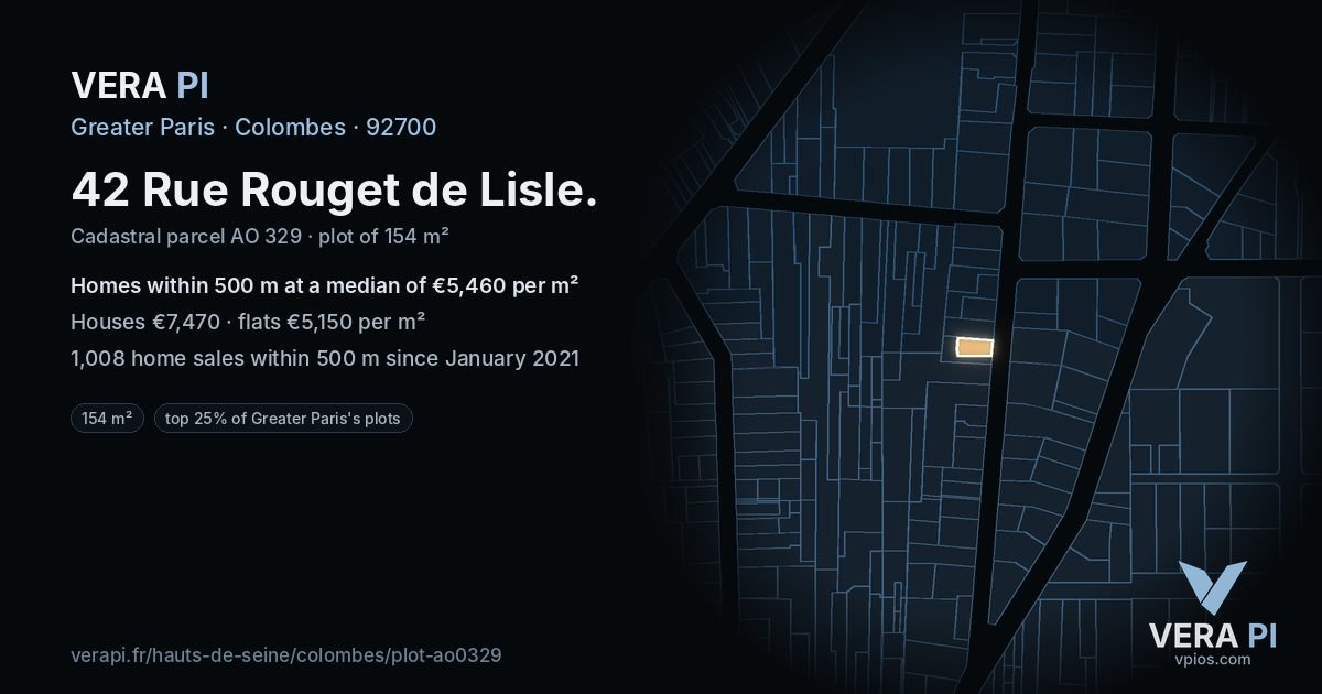 42 Rue Rouget de Lisle, Colombes at night – the plot lit, the parcels around coloured by the prices near them