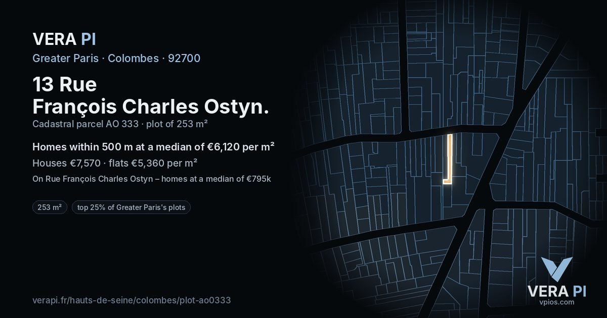 13 Rue François Charles Ostyn, Colombes at night – the plot lit, the parcels around coloured by the prices near them