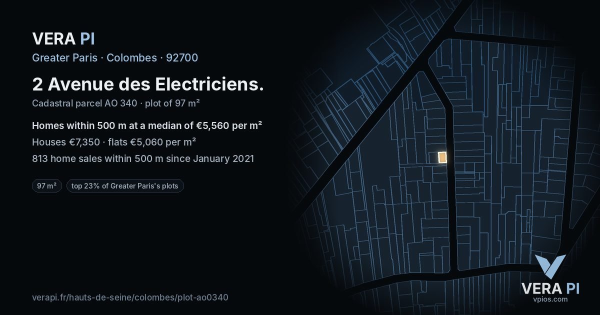 2 Avenue des Electriciens, Colombes at night – the plot lit, the parcels around coloured by the prices near them