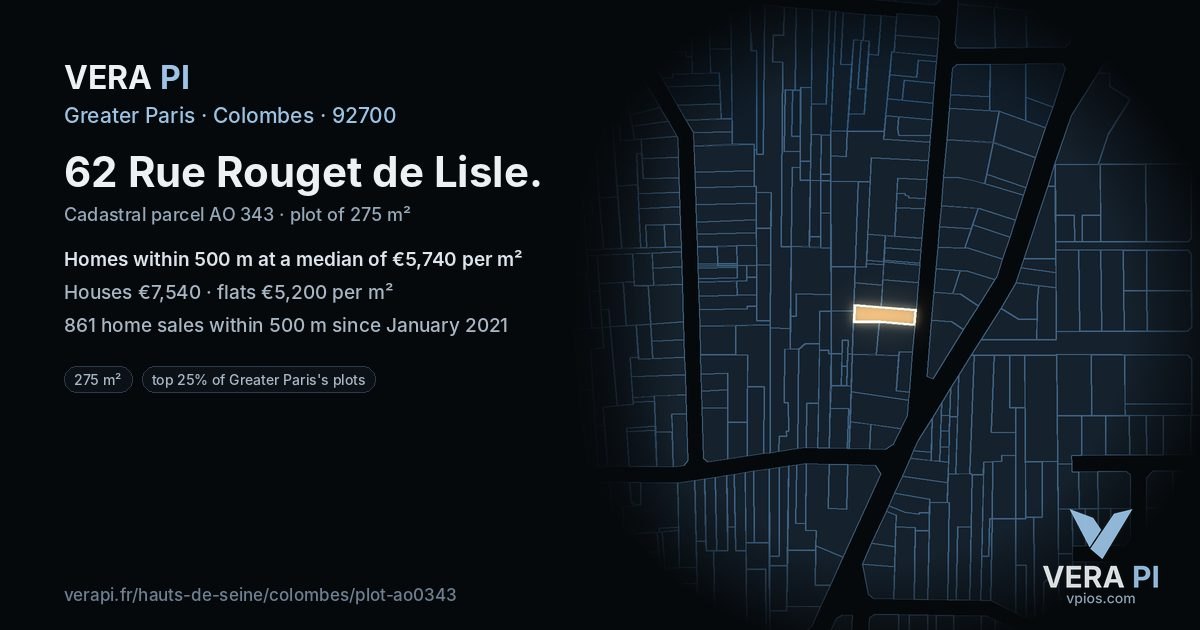 62 Rue Rouget de Lisle, Colombes at night – the plot lit, the parcels around coloured by the prices near them