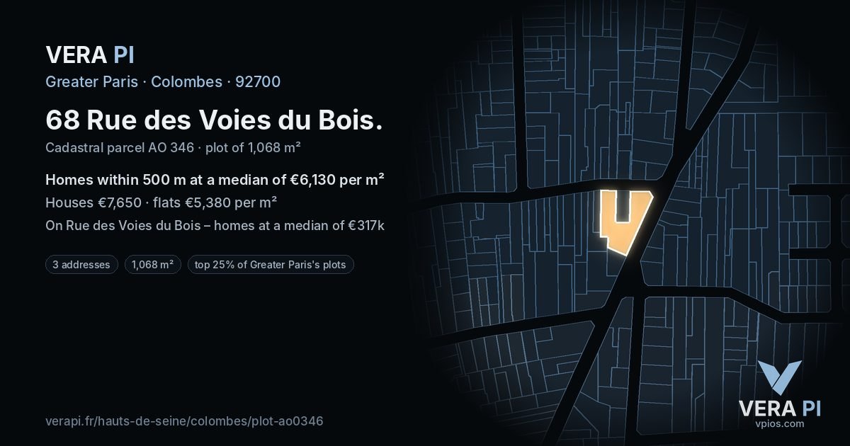 68 Rue des Voies du Bois, Colombes at night – the plot lit, the parcels around coloured by the prices near them