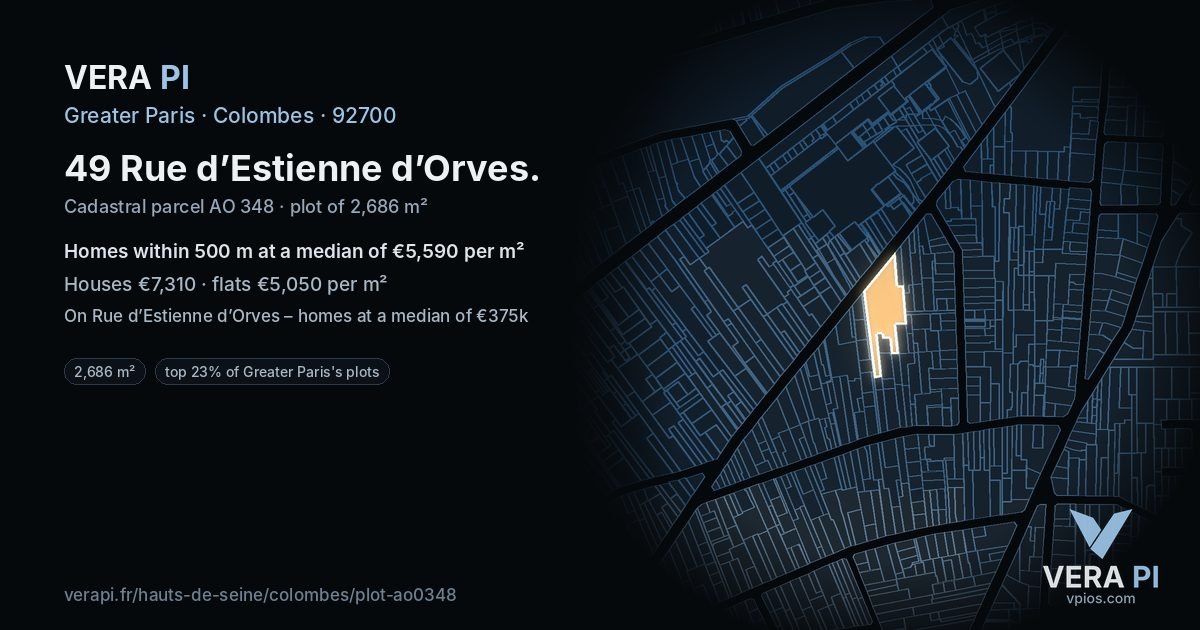 49 Rue d’Estienne d’Orves, Colombes at night – the plot lit, the parcels around coloured by the prices near them
