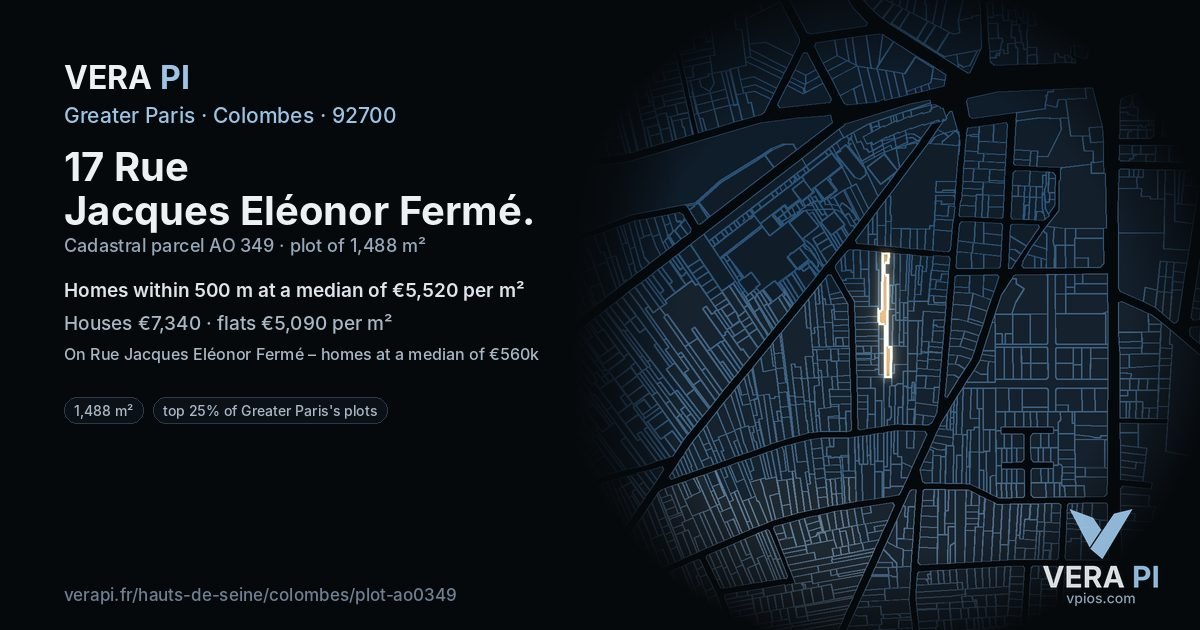 17 Rue Jacques Eléonor Fermé, Colombes at night – the plot lit, the parcels around coloured by the prices near them
