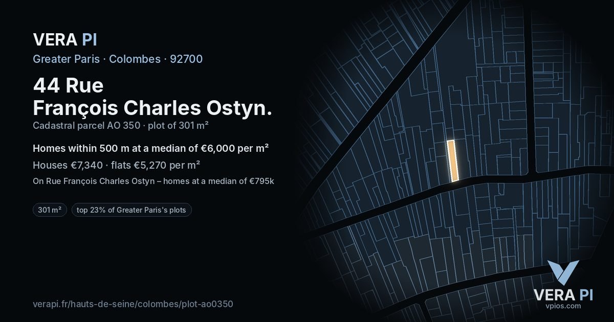 44 Rue François Charles Ostyn, Colombes at night – the plot lit, the parcels around coloured by the prices near them