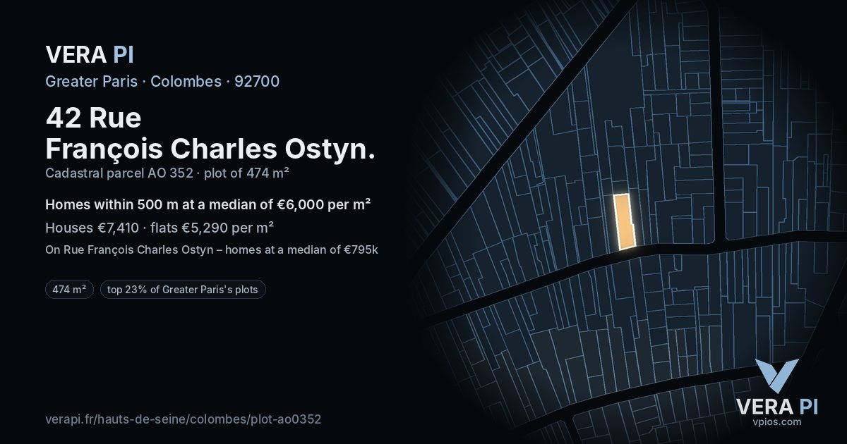 42 Rue François Charles Ostyn, Colombes at night – the plot lit, the parcels around coloured by the prices near them