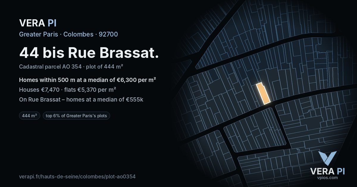 44 bis Rue Brassat, Colombes at night – the plot lit, the parcels around coloured by the prices near them