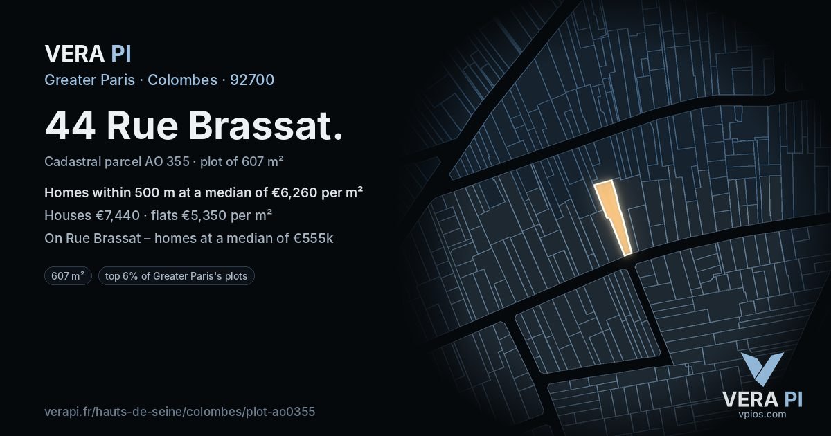 44 Rue Brassat, Colombes at night – the plot lit, the parcels around coloured by the prices near them