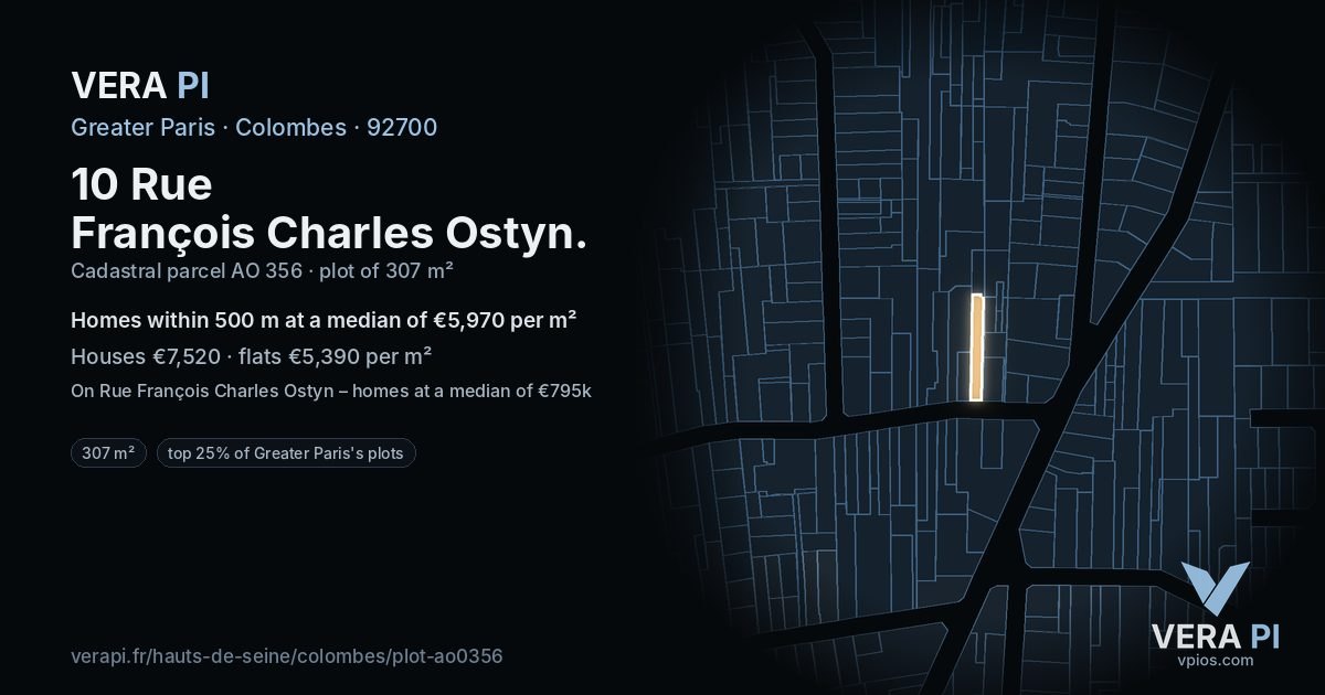 10 Rue François Charles Ostyn, Colombes at night – the plot lit, the parcels around coloured by the prices near them