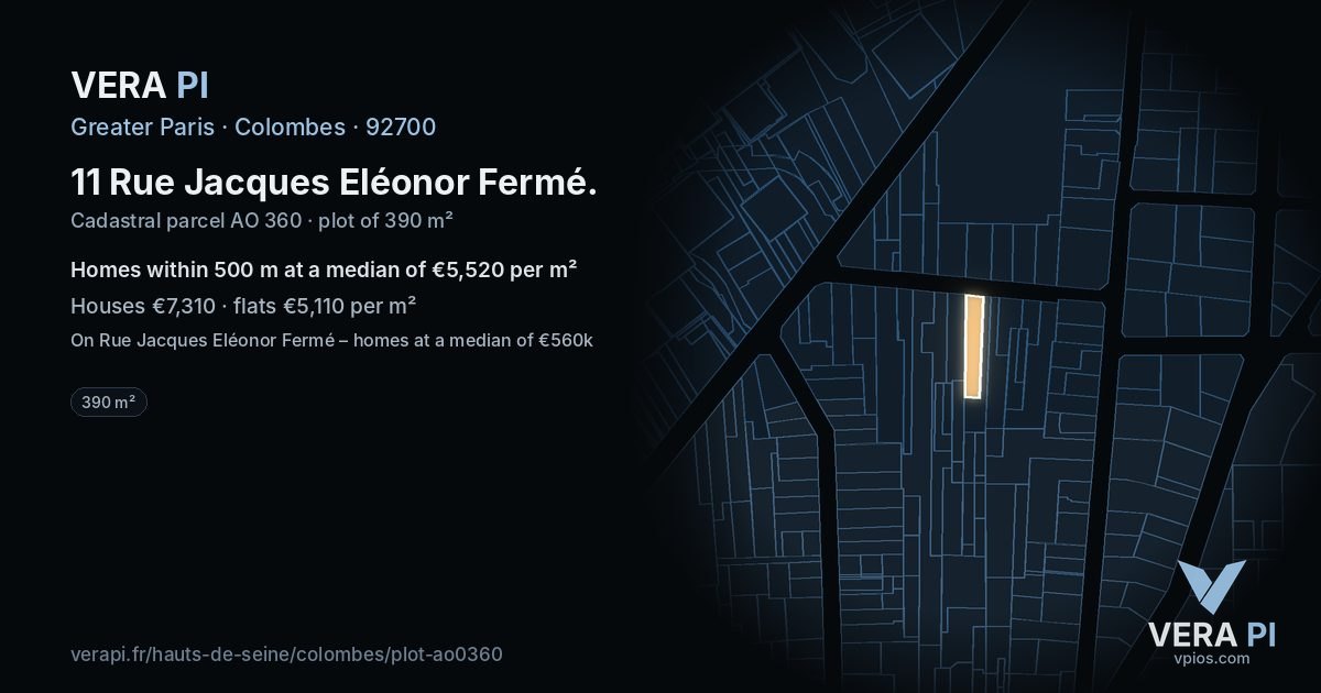 11 Rue Jacques Eléonor Fermé, Colombes at night – the plot lit, the parcels around coloured by the prices near them