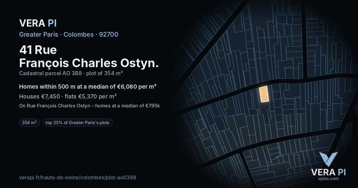 41 Rue François Charles Ostyn, Colombes at night – the plot lit, the parcels around coloured by the prices near them
