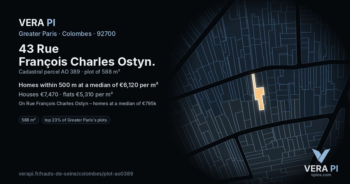 43 Rue François Charles Ostyn, Colombes at night – the plot lit, the parcels around coloured by the prices near them
