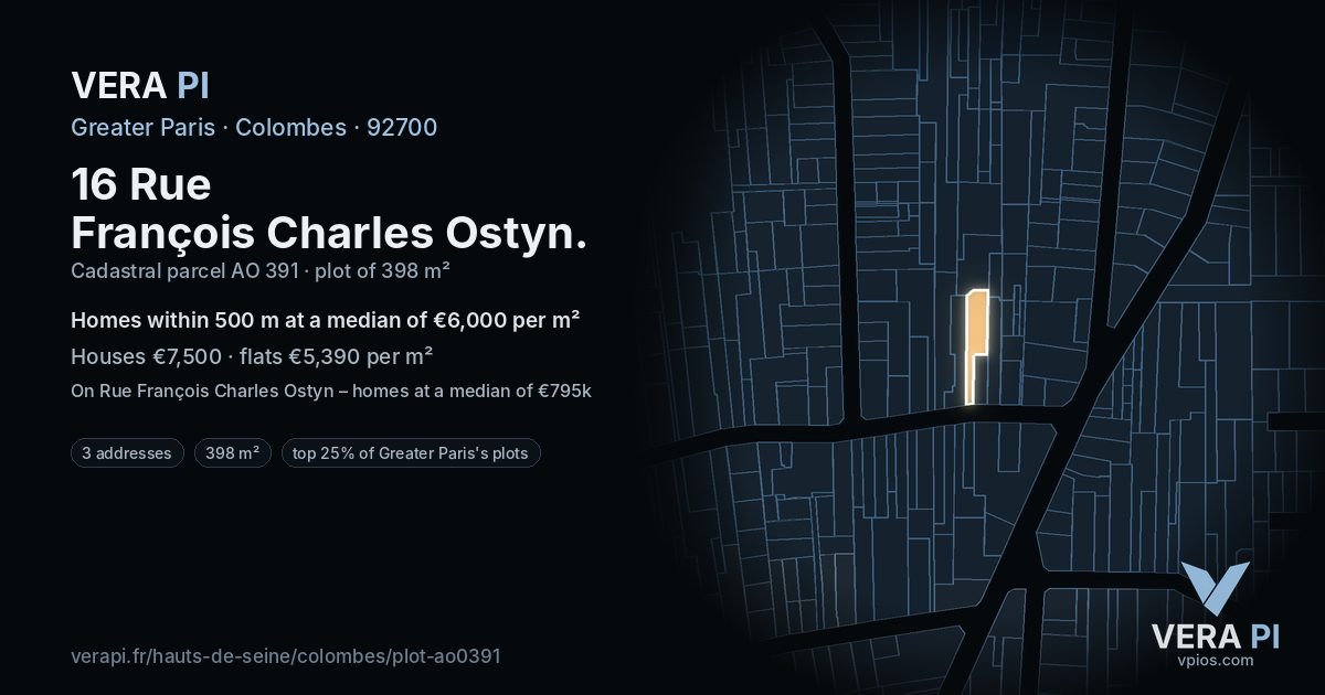 16 Rue François Charles Ostyn, Colombes at night – the plot lit, the parcels around coloured by the prices near them