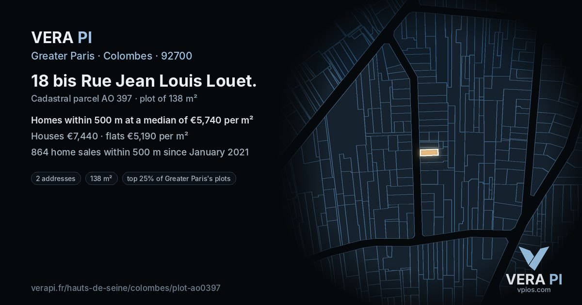 18 bis Rue Jean Louis Louet, Colombes at night – the plot lit, the parcels around coloured by the prices near them